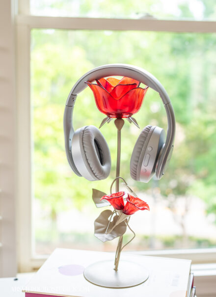 headphones red rose decor podcast