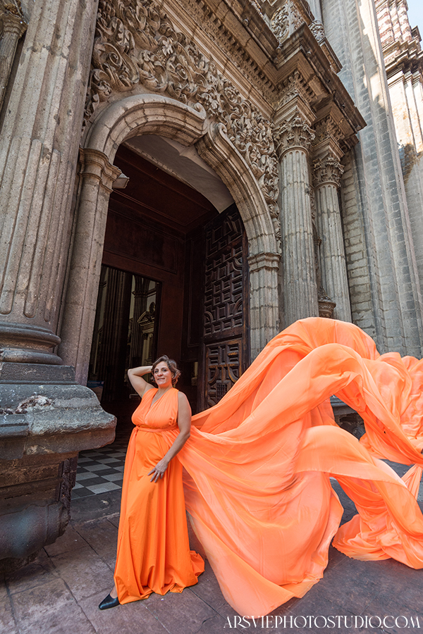 orange flying dress photoshoot mexico city zocalo