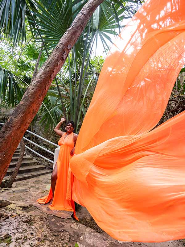 orange flying dress photoshoot