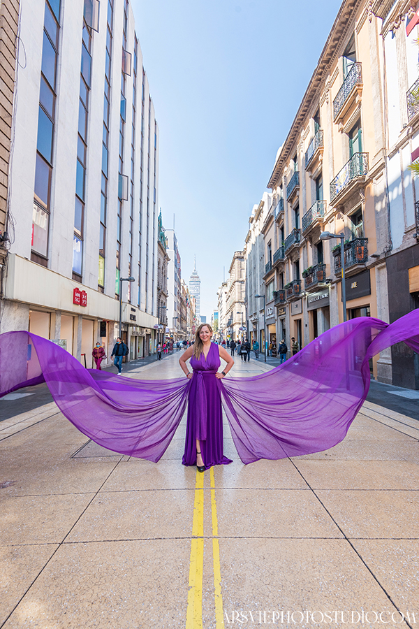 purple flying dress photoshoot mexico city