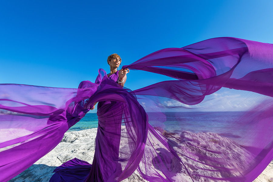 purple long flying dress rental