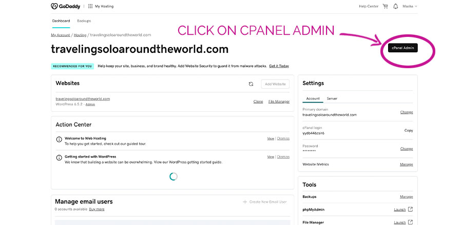 cpanel admin wordpress website